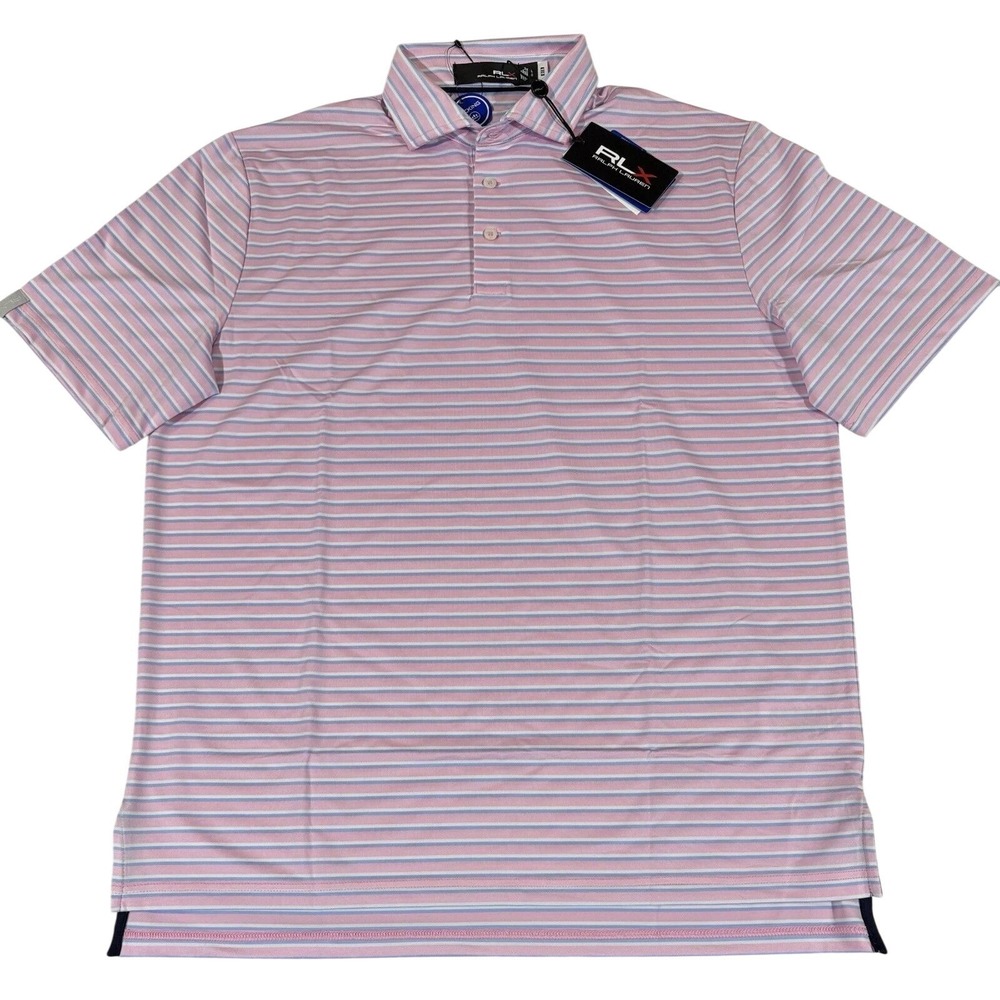 RLX Ralph Lauren Men Golf Polo Shirt Pink Blue Striped Large Wicking Stretch NWT